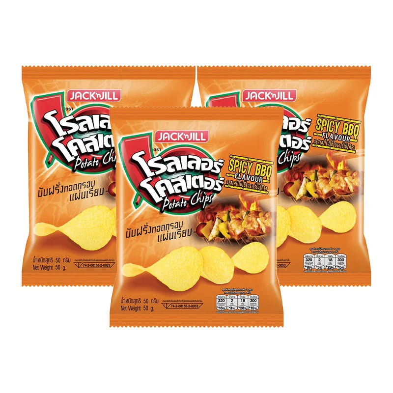 Roller Coaster BBQ extruded potato chips in a 50g bag, showing crispy, seasoned chips with bold BBQ flavor.