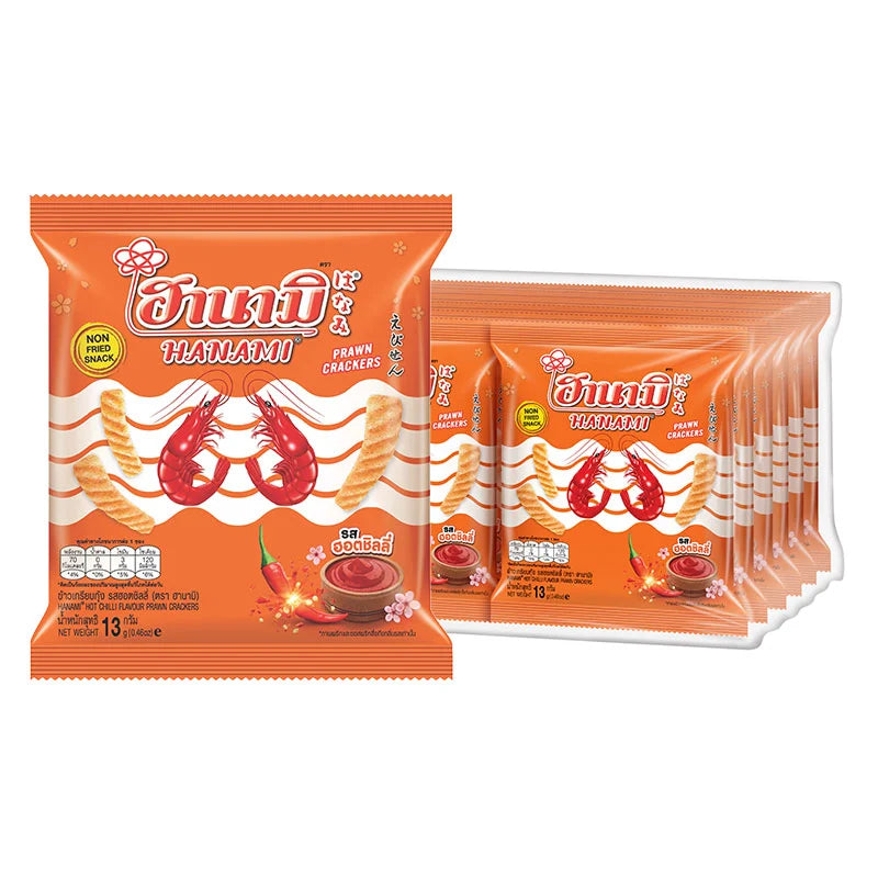 HANAMI Hot & Chili Prawn Crackers, 13g x 12 pack, crispy snack with spicy chili flavor and prawn taste in a colorful bag.