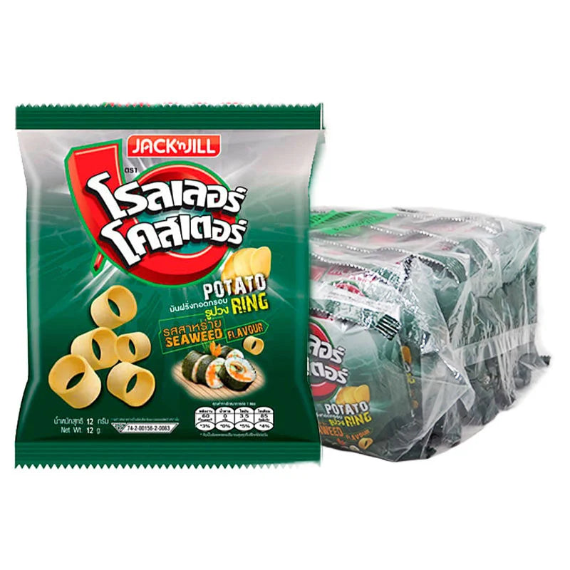 Roller Coaster Potato Ring Extrude Seaweed snack, 12g x 12 pack, crispy seaweed flavored potato rings on a white background.