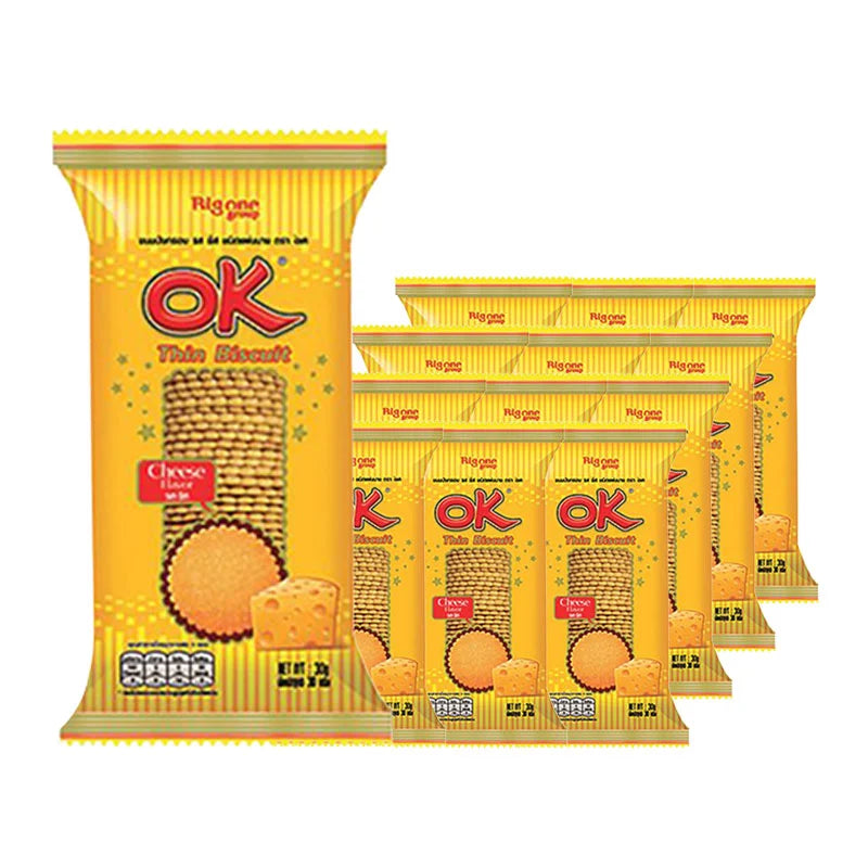 OK Thin Cheese Crackers 30g pack, crispy golden snacks with cheesy flavor, arranged in a row on a white background.