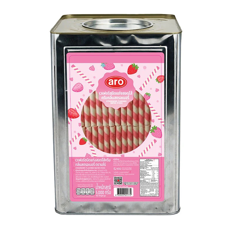 ARO Strawberry Wafer Stick 5kg box showing golden wafer sticks coated with strawberry flavor and arranged in a neat pile.