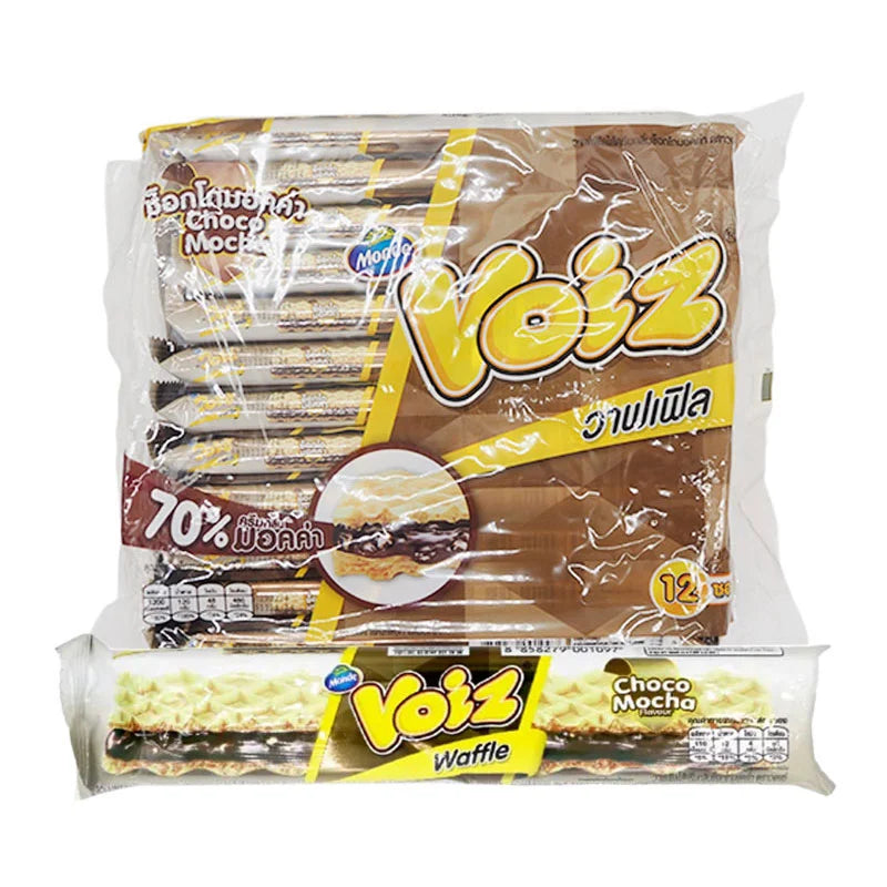 VOIZ Waffle Choco Mocha 23g pack, 12-piece box with chocolate and mocha-flavored waffles on a plate.