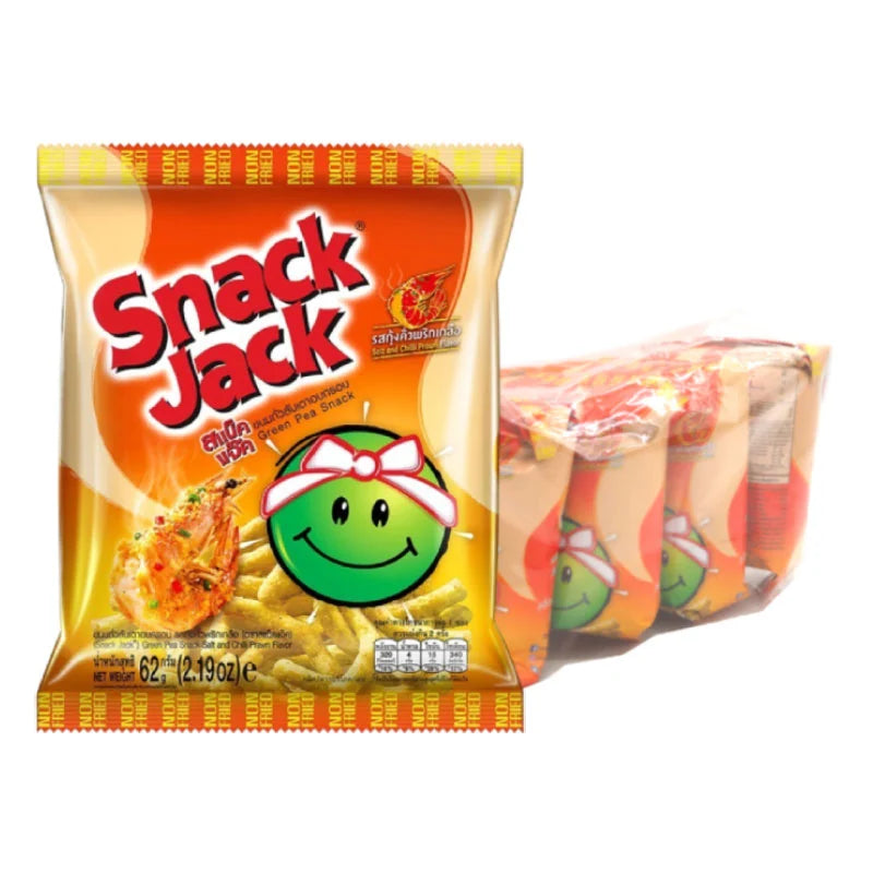 SNACKJACK Green Pea Snack with Salt and Chilli Prawn flavor in 62g pack, shown in a colorful bag.