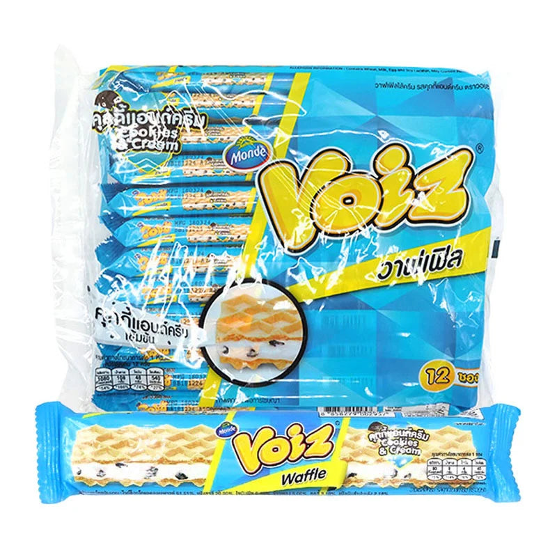 VOIZ Waffle Cookies Cream 19g, pack of 12, showing crispy waffle cookies filled with cream in a colorful box.