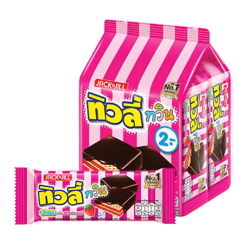 TIVOLI chocolate-coated twin wafers filled with strawberry jam-flavored cream, 10g, 24 pieces on a white background