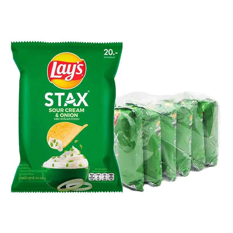 Lay's Stax Potato Chips Sour Cream & Onion flavor in a 44g pack, stacked with visible ridged potato chips and flavoring details.