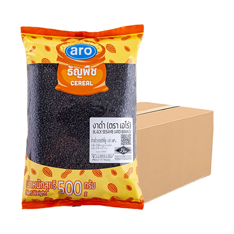 Aro Black Sesame seeds in a 500g package; six packs shown with black sesame seeds spilling from one open bag.