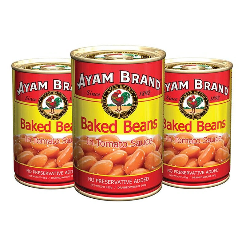 Canned AYAM Baked Beans 425g, stacked in a pack of three, showcasing the label and product inside the can.