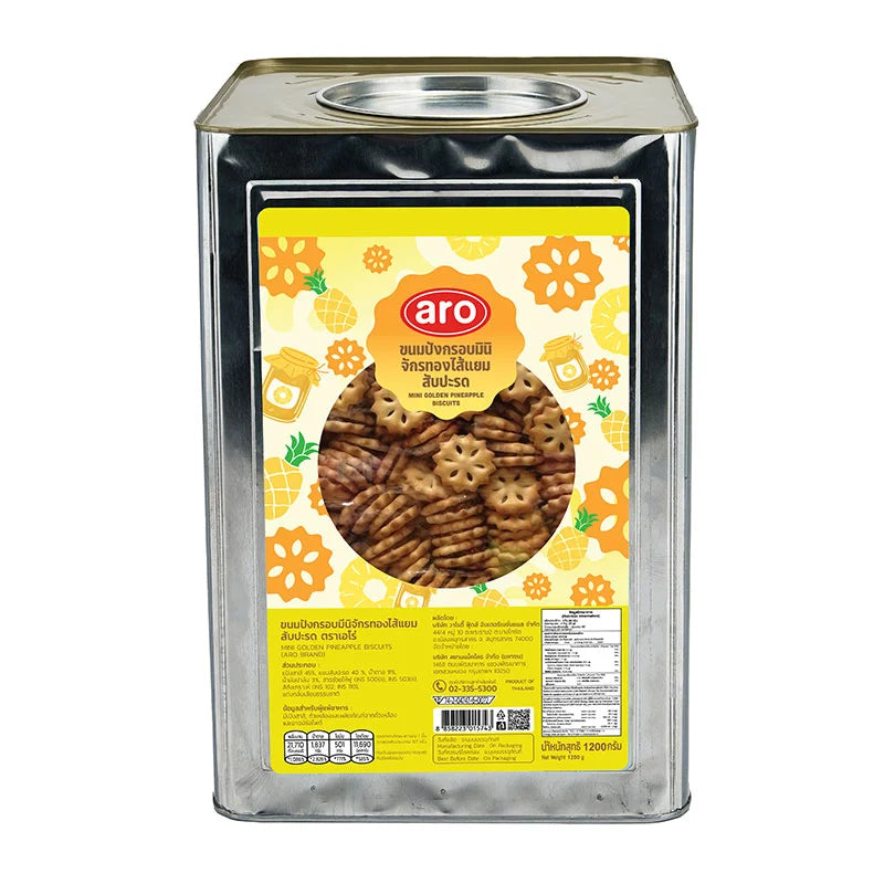 A box of ARO Mini Golden Biscuit Pineapple flavor, 1.5 kg, featuring golden biscuits with pineapple flavoring in a sealed package.