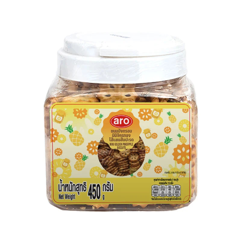 ARO Mini Biscuit Pineapple 450g, sweet pineapple-flavored biscuits in a colorful package, perfect for snacking.