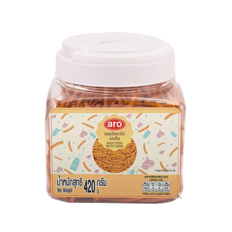 ARO Salted Biscuit Sticks in 420g package, showing crisp, golden salted biscuit sticks arranged on a white background.