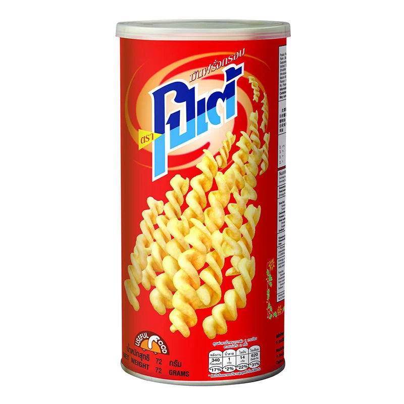 Potae Potato Snack 72g bag showing crispy, golden potato chips with branding on the package.