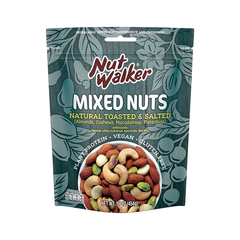 Mixed nuts in a clear bowl featuring NUT WALKER brand mixed nuts, showcasing a variety of almonds, cashews, and walnuts.