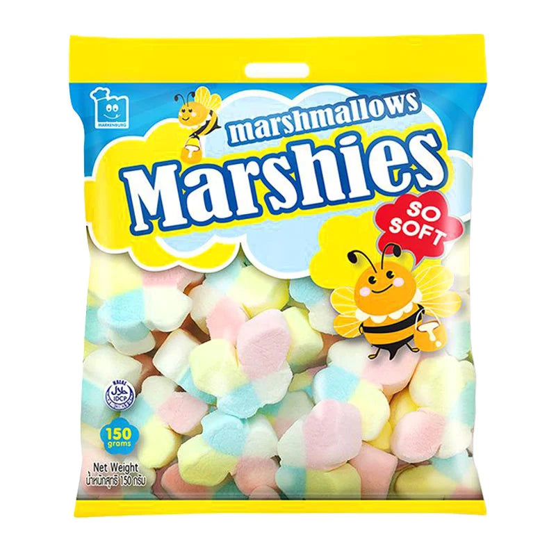 MARSHIES Vanilla Butterfly Marshmallows in a 150g package, featuring colorful butterfly-shaped vanilla-flavored marshmallows.