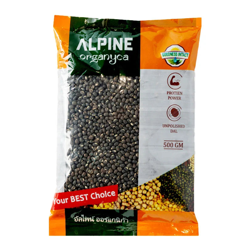 ALPINE Black Dal 500g package showing the dark cooked black lentils in a bowl with some spices and fresh herbs