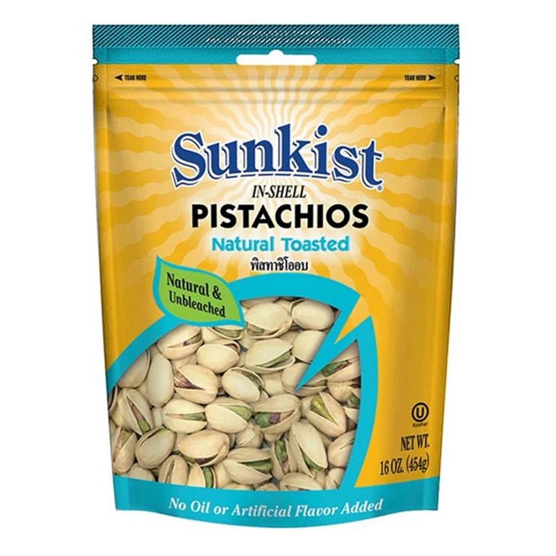 Sunkist Natural Pistachios 454g in a clear bowl, showcasing shelled green pistachios ready to eat