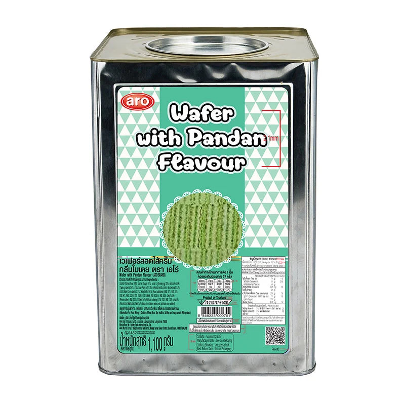 ARO Pandan Wafer, 1.1 kg, showing crispy wafer layers infused with pandan flavor in a clear package.