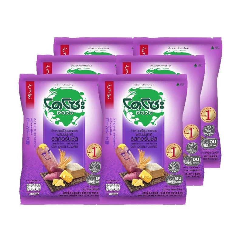 DOZO baked Japanese rice crackers with sweet potato, corn, and cheese flavor, 56g pack, shown in a multi-pack container.