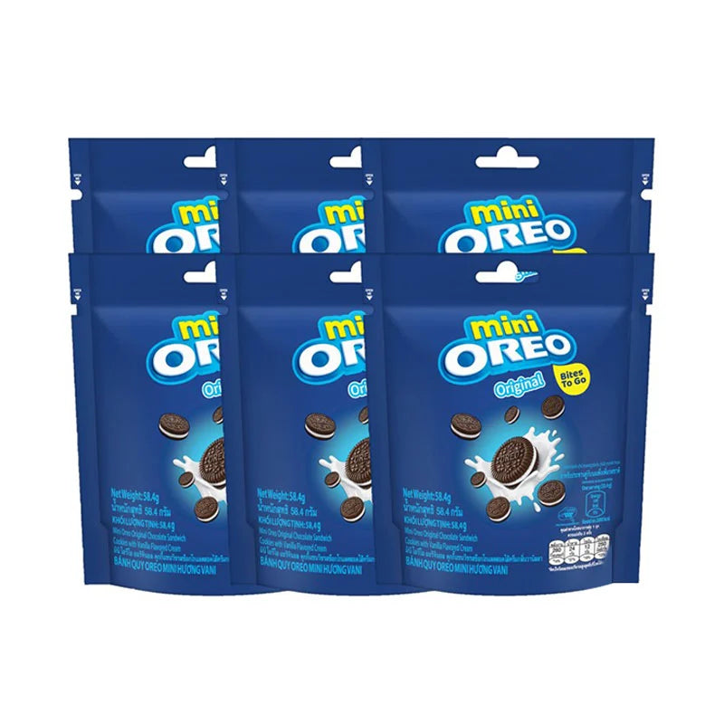 OREO Mini Cookies Vanilla Cream flavor in a 61.3g pack, showing stacked cookies with vanilla cream filling.