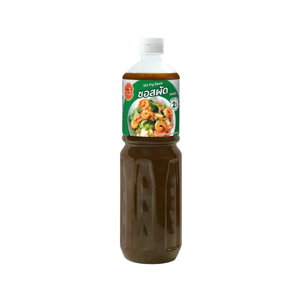 Six 550g plastic bottles of J-Lek Stir-Fry Sauce, featuring the product label and sauce inside the bottles.