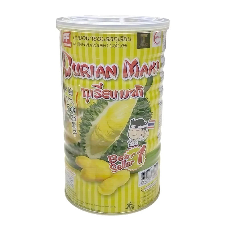 FF Durian Flavored Cracker 110g, crispy snack with durian flavor, shown in a close-up image with the package and textured crackers.