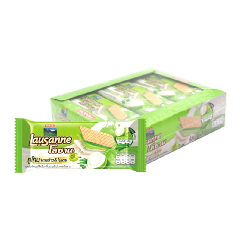 LAUSANNE Coconut and Pandan Wafer, 30g snack with crispy layers and vibrant green pandan flavor in a pack of 12.