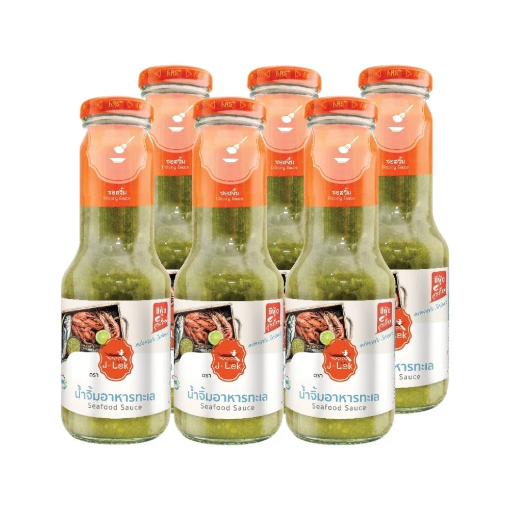 J-Lek seafood dipping sauce in glass bottles, 345g each, shown in a pack of six, ready to enhance seafood dishes.