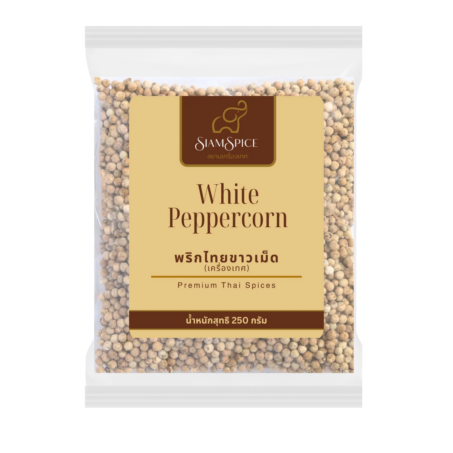 SiamSpice White Peppercorn, grade A, 250g, authentic Chan quality, close-up of white peppercorns in a jar