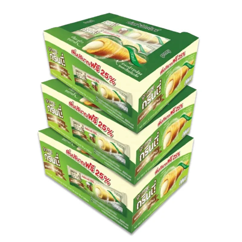 Box of 12 GRINNY coconut-coated snacks filled with coconut milk cream, 15g each, shown in the image.