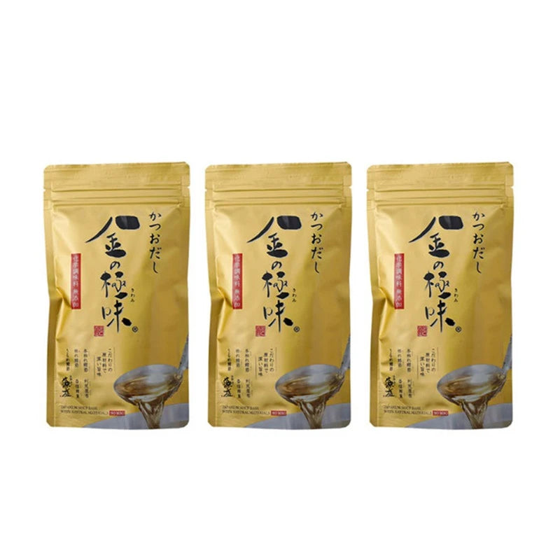 MOSHIO Kin No Kiwami Bonito Dashi stock tea bags with dried bonito and shiitake mushrooms, 7 sachets per pack.