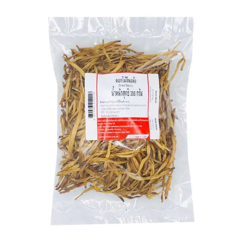 Dried MAKRO Daylily Flower in 300g package, showcasing vibrant yellow-orange petals suitable for cooking or herbal uses.