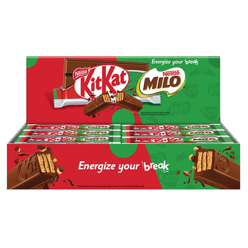 KITKAT X MILO wafer fingers in chocolate malt flavor, 24-pack of 16g snack bars with crispy wafer and chocolate coating.
