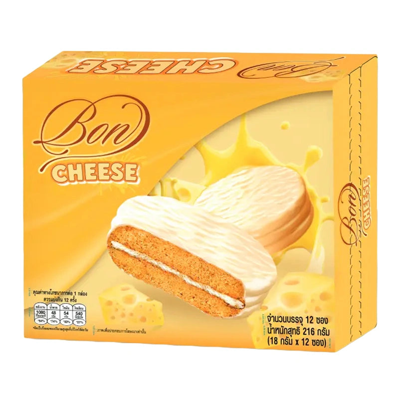 Bon Cheese Pie 18g, pack of 12, showing golden baked cheese-filled pastries with crispy crust.