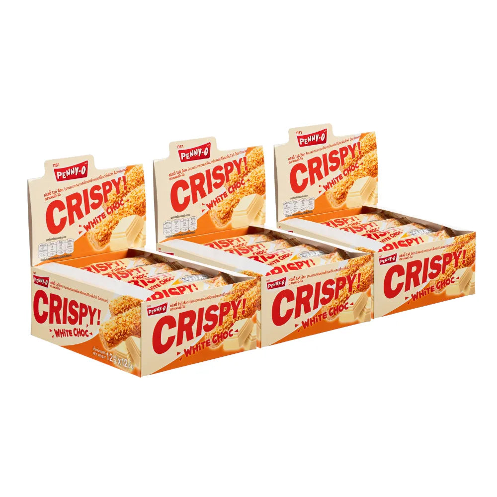 PENNYO crispy snacks coated with oat and white chocolate cream, 12g per piece, 12 pieces in a pack, close-up of snack coating