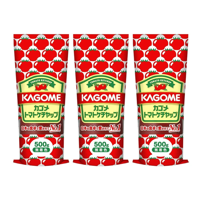 Kagome tomato ketchup sauce bottles, Japanese-made, 500g each, displayed together in a pack of three.