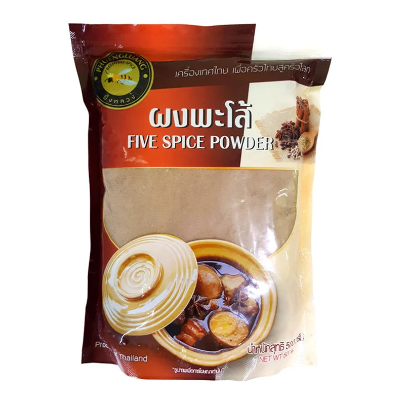PHUENGLUANG Chinese Five Spice Powder 500g jar showing colorful spice blend in a clear container on a white background