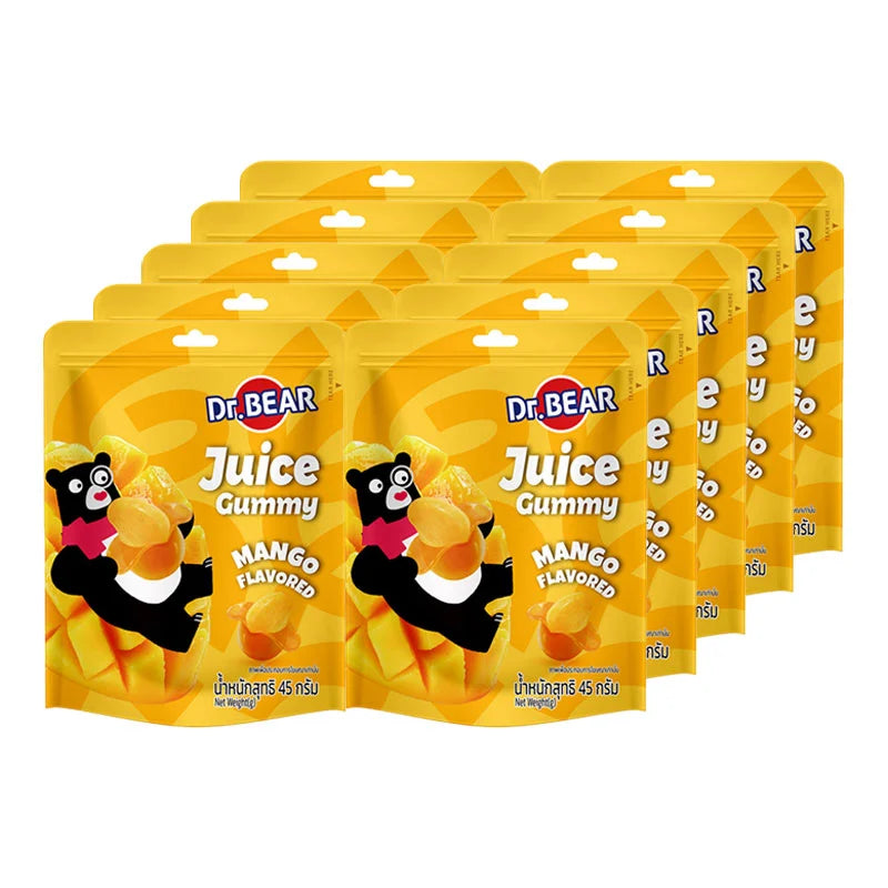 DR.BEAR Mango Gummy, 45g packs, colorful mango-flavored gummy candies arranged in a clear container.