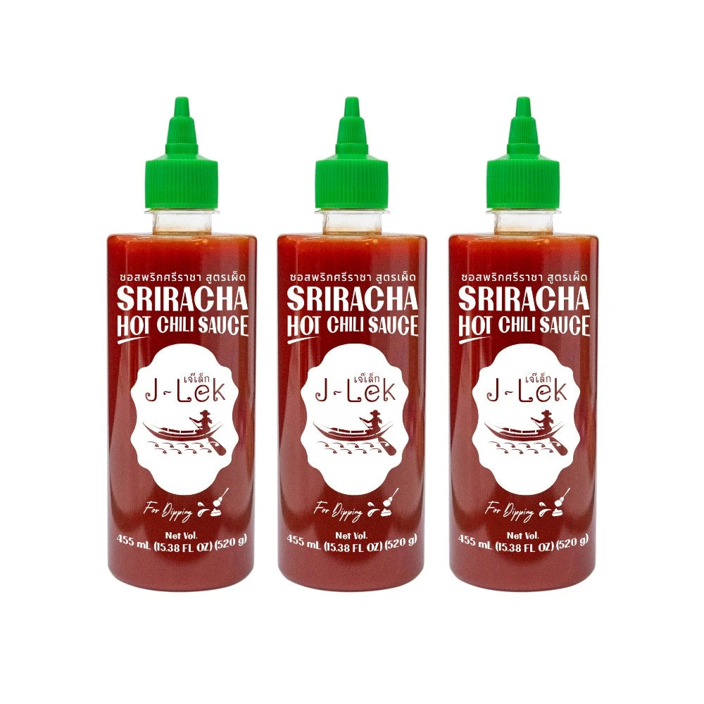 Three bottles of J-Lek Sriracha Chili Sauce with spicy formula, 455 ml each, shown in a pack.