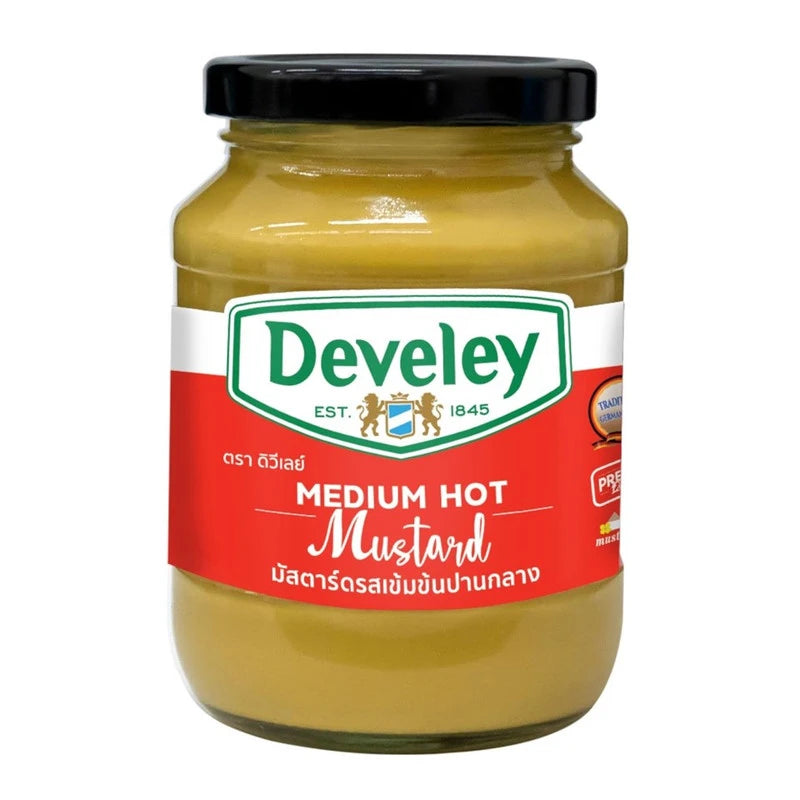 Develey Medium Hot Mustard 350g jar with yellow label and mustard seeds visible on the label.
