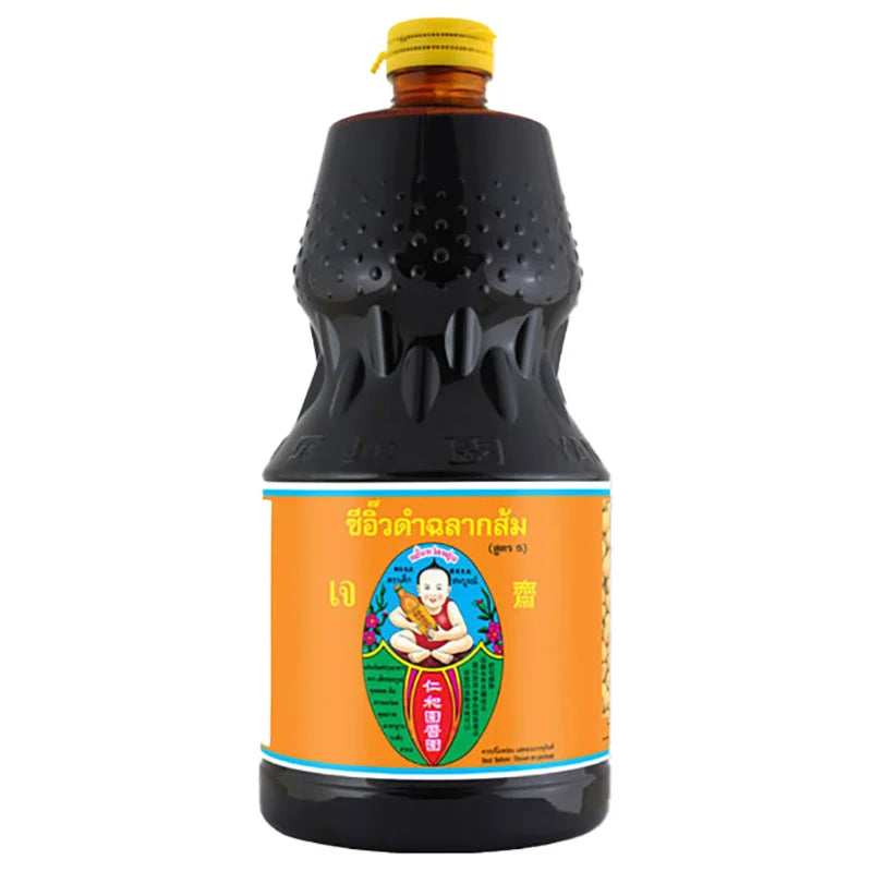 Dark soy sauce bottle from DEK SOM BOON, 2.7 kg, showing the label and clear plastic packaging of the soy sauce formula 5.
