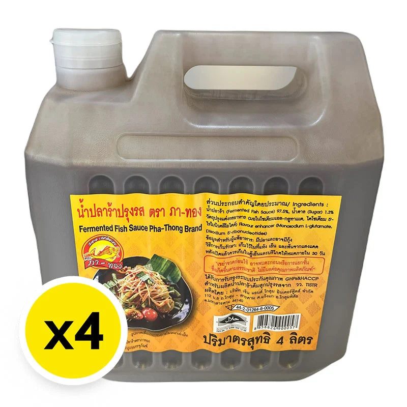 Fermented fish sauce PA-THONG in a 4L bottle, showcasing the rich, dark liquid used in Asian cuisine cooking.