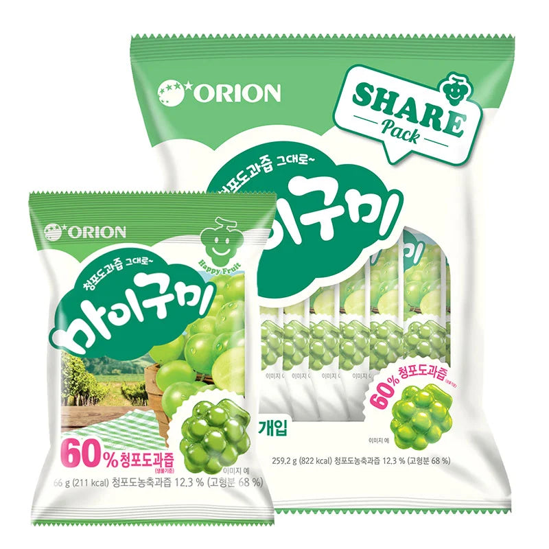 Green grape jelly gummies in a 259g package from ORION, showing the colorful gummy candies ready to eat.