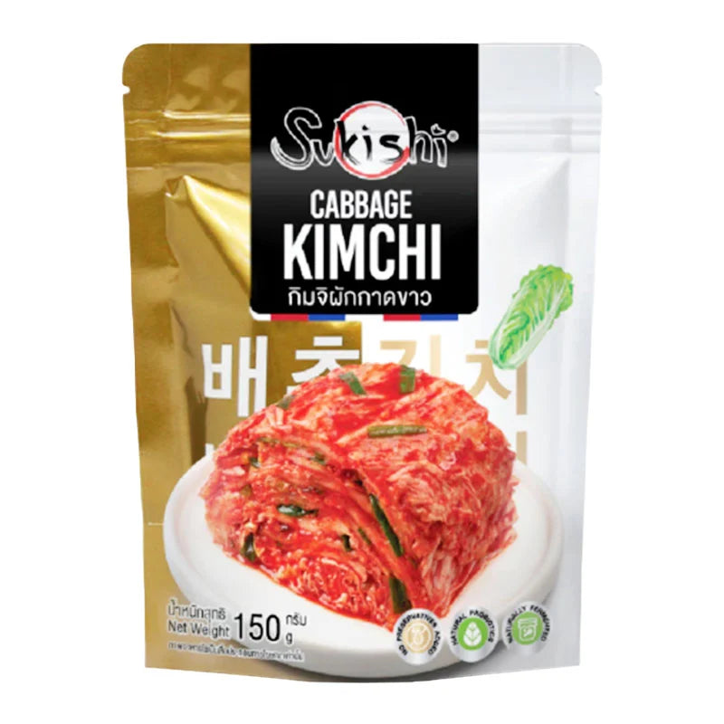 SUKISHI Cabbage Kimchi 150g jar with fermented cabbage and chili flakes visible inside, ready for serving.