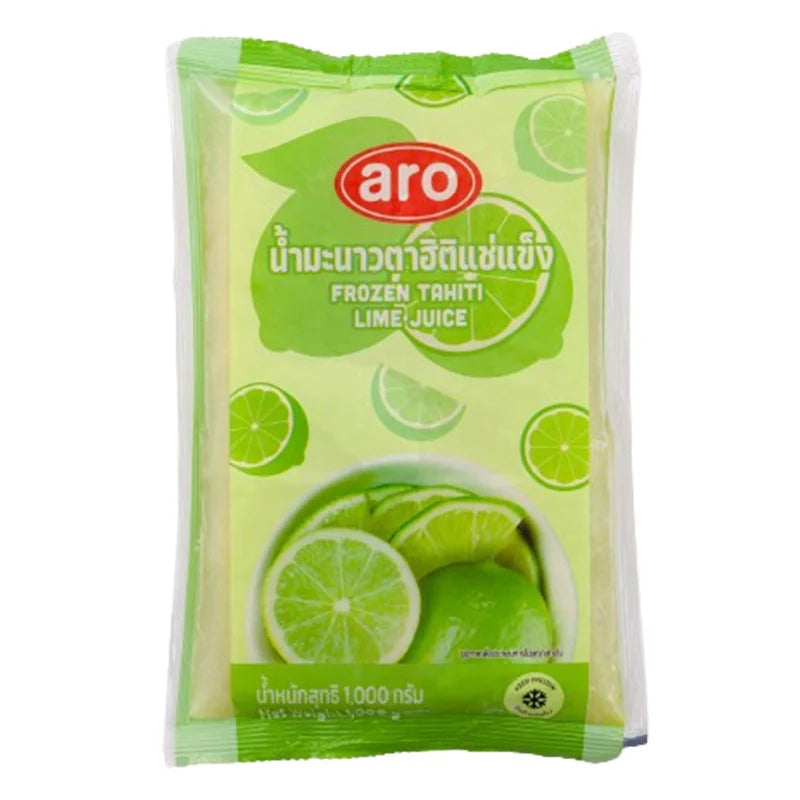 A bottle of ARO Frozen Tahiti Lime Juice 1 kg with fresh limes and the product label visible.