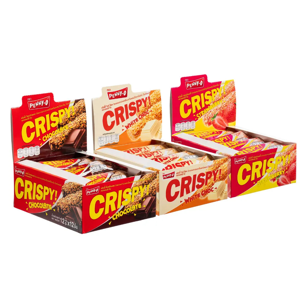 PENNYO Penny-O crispy snack packets with oat, white, and strawberry cream flavors, 12g each, 12 pieces in a pack.