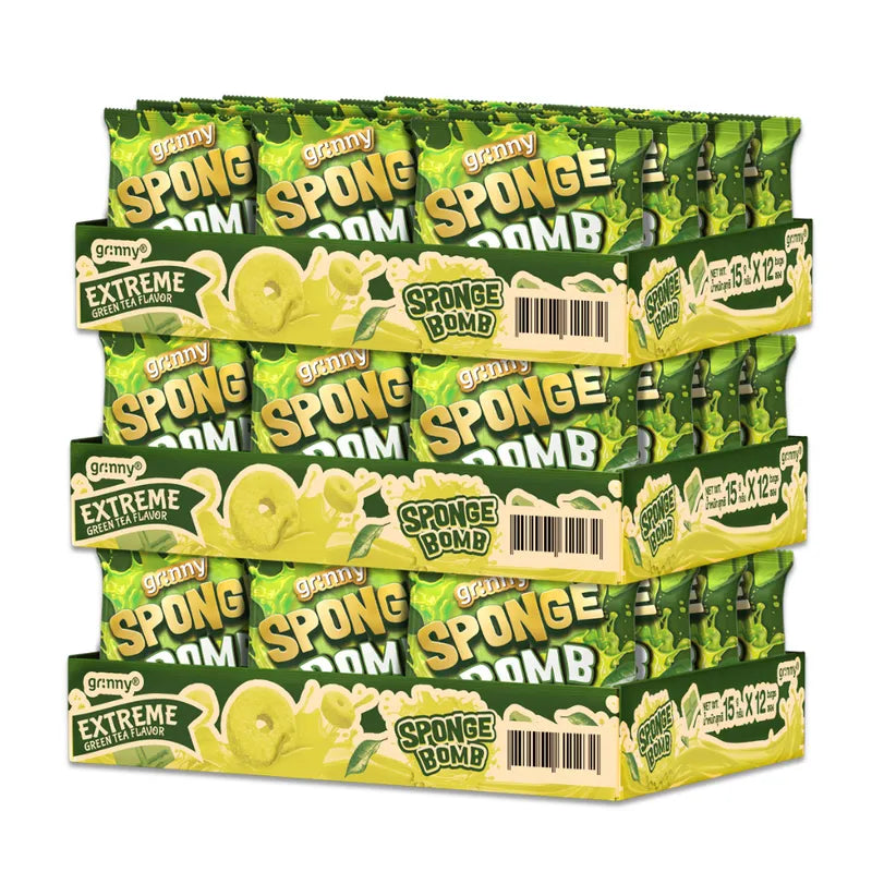GRINNY Sponge Bomb Snack Extreme Green Tea flavor 15g packs, 12 pieces x 3, showcasing colorful sponge-shaped candies in a pack.