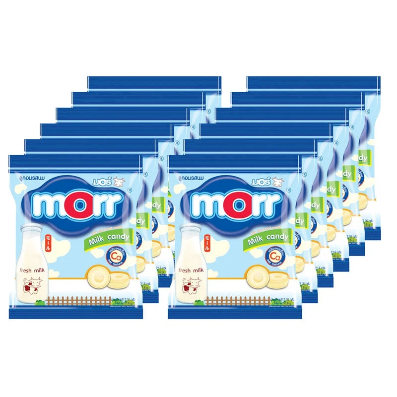 MORR Calcium Added Milk Candy 18.9g pack, showing individually wrapped creamy milk candies in a colorful package.