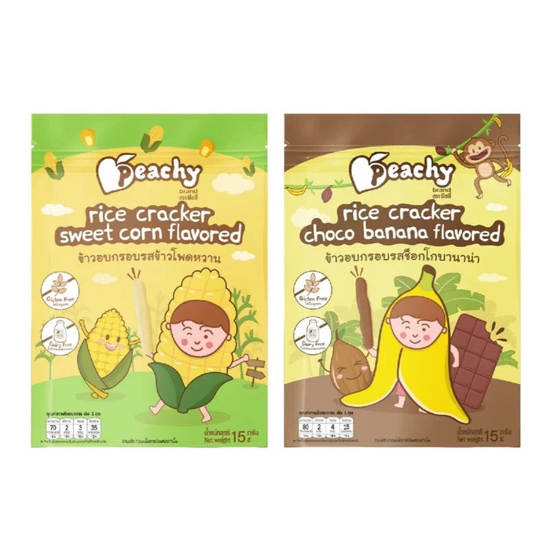 PEACHY baked rice snack sachet with chocolate, banana, and sweet corn flavors, featuring colorful packaging and rice crackers inside.