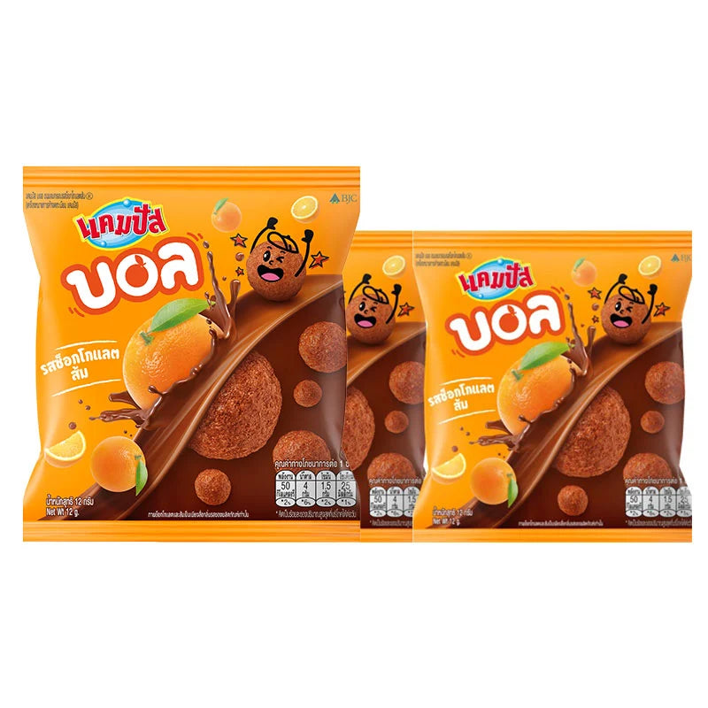 CAMPUS Ball extruded snack coated with orange chocolate, 12g serving, showing the orange-coated snack on a white background.