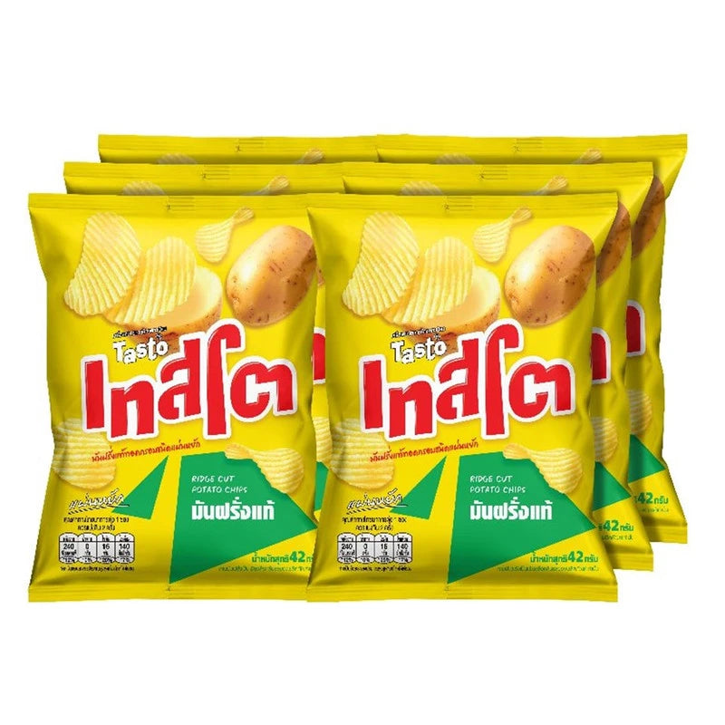 TASTO Wavy Crispy Potato Chips in 42g pack, showing golden, wavy potato chips with crispy texture in a stack.